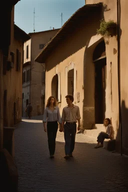 A realistic photo of a small Toscany town in late spring, a pair of inamorato young people on the street, early evening, last shines of sun. Photo taken by Mamiya camera with low-speed film, highly detailed, 8x8 film format