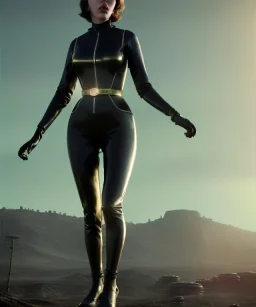 retro sci-fi portrait image from 1960, supermarket parking explosion, young Scarlett Johansson, classic black tight lycra latex suit, gold bracelet and belt, soft color, highly detailed, unreal engine 5, ray tracing, RTX, lumen lighting, ultra detail, volumetric lighting, 3d, finely drawn, high definition, high resolution.