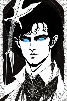 black haired, Blue eyed, young man, necromancer wizard, with gothic jewelry, and a wicked dagger, in the style of Harry Clarke