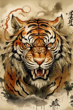 帮我画一只神兽，他是昆仑山中有一种兽，它的外形像老虎，有九个头，头上的脸都是人脸融入中国传统元素，中国画风格。