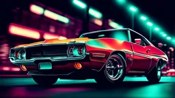retro muscle car driving at night, neon, city