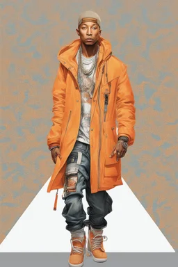 Pharrell Williams dressing in orange, cyberpunk, ultra realistic