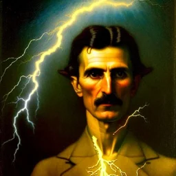 Nikola tesla, highly detailed face, surrounded by lightning bolts in the style of tom bagshaw, alphonse mucha, gaston bussiere, cyberpunk. anatomically correct elegant body. extremely lush detail. masterpiece. melancholic scene infected by night. perfect composition and lightning. sharp focus. high contrast lush surrealistic photorealism.