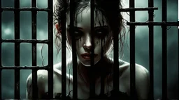 Scary young girl in a cage, post-apocalypse, dark style, Luis Royo & Raymond Swanland & Alyssa Monks & Anna Razumovskaya & Benedick Bana