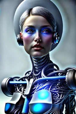 hiper realista, hiper detalhado, retrato de corpo inteiro, no estilo cyberpunk, de uma mulher incrivelmente bonita com implantes biônicos, cabelos azuis, olhos brilhantes, arte de greg rutkowski, artgerm, wlop, rossdraws, boris vallejo