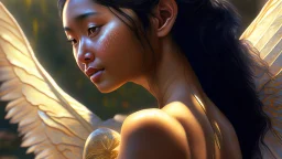 beautyfull asiatic woman, art by kiera malone , concept art modern photorealistic, in the style of , Artstation, sunlight, Unreal Engine sharp fine details trending on artstation reflections 4k ultra realistic post-processing A detailed illustration of a beautiful young female human with growing out of her back. Her skin, hair and face are all made of paint. Her wings are spread. Front view. Highly detailed flawless facial features and eyes. Abstract Oil painting splash art. White ba