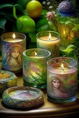 Tarot card candles on the tableornament of a fabulous landscape, ornament, forest, delicate, light, transparent spring, ornament, in the style of Josephine Wall, grunge, intracate, map, careful drawing, watercolor, dot graphics, natural colors, Grotesque, Micro detailing, Art botanical