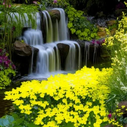 A small waterfall surrounded with yellow flowers and bushes