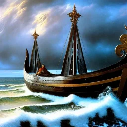 portrait of 'Viking Ship on rough seas',snow,viking with horned helmet,ancient armor,painting by Earl Norem, simon Bisley,frazetta evan lee, Vallejo,kelly oil on canvas, cinematic composition, extreme detail,fit full head inside picture,8k