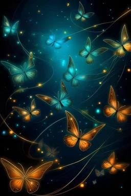 An illustration of a dozen small luminescent butterflies and strings of light against a cosmic background