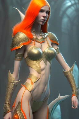 painting of a tall elven young woman with short light orange hair and freckles on the cheak bones and tall body of a topmodel light clothes, full body shot, ultra realistic, concept art, intricate details, eerie, highly detailed, photorealistic, octane render, 8 k, unreal engine. art by artgerm and greg rutkowski and charlie bowater and magali villeneuve and alphonse mucha