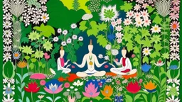 An illustration by Jakuchu and Matisse of of individuals practicing yoga surrounded by blooming flowers and lush vegetation.