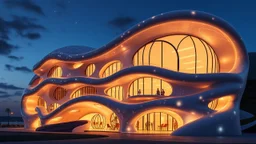 A frisky futuristic fantasy building at night, inspired by the fluidity of ocean waves, with undulating, curved walls made of shimmering, semi-transparent opalescent materials. The happy structure boasts large, intriguing rounded windows, curved balconies and walkways. Award-winning photograph, beautiful composition, joyful appearance.