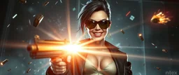 airbrush 3d rendering, mafia cyberpunk stylish lady dr smick Vex is now officially in stasis. No experiments. No clones. No accidental galaxy-ending breakthroughs. sci fi guns and rays, shattering glass background, flying debris, mad laughs, and pose