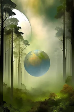 forest fog, superbig full moon, Bosch painting style , planet Earth