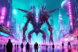 cities of the future cyberpunk in the center of the monster stands on its hind legs