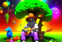 sasquach whit an orange bucket hat with googly eyes sitting under a tree and smoking a joint. in the middle of the sky the is a rainbow. On the right of the rainbow you can see a night sky with a galaxy and planets. on the left side of the rainbow is clear day sky, There is a light coloured guitar near the sasquach. realistic, photograph, full body, landscape