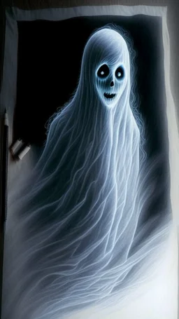 pencil drawing of a ghost. Spooky, scary, halloween, colored pencils, realistic, black paper