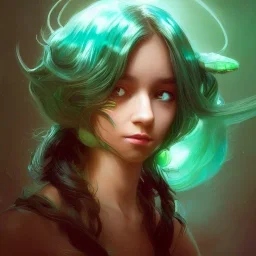 alien girl, cute, beautiful, long hair, curly hair, black hair, slim body, brown eyes, big eyes, green skin, turquoise dress, head and shoulders portrait, fantasy, 8k resolution concept art portrait by Greg Rutkowski, Artgerm, WLOP, Alphonse Mucha dynamic lighting hyperdetailed intricately detailed