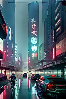 Cyberpunk district with giant foggy skyscarpers, cars, FoV: 100, HD, Unreal Engine 4, heavy rain, rainy streets reflection, neon signs, low contrast, grainy, less color, titanfall,