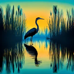 Silhouette of a great blue heron filled with a swamp, double exposure, crisp lines, color background