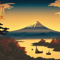 Ukiyo-e Style , mount fuji, sun set