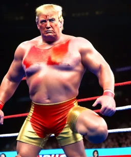 Realistic image of Donald trump wrestler, Mexican wrestling, glow makeup, red and blue breeches, suspenders, retro style, 80s, red, gold, vibrant color, highly detailed, clean background, concept art, unreal engine 5, god rays, ray tracing, RTX, lumen lighting, ultra detail, volumetric lighting, 3d, finely drawn, high definition, high resolution.