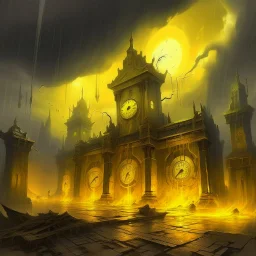 A yellow glowing ruins with clocks in a thunderstorm painted by Zhang Lu