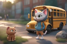 funny cute little cat with bakpack standing near school bus in headphones and hoodies, disney style 3d light, back to school, Zbrush sculpt, high detail realistic cloth, concept art, Zbrush high detail, pinterest Creature Zbrush HD sculpt, neutral lighting, 8k detail , natural lighting, full color painting,