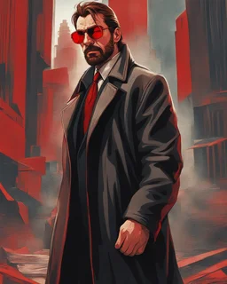 a young man with big muscles who looks like hans gruber wearing a heavy coat and red sunglasses staring with an irritated look on his face