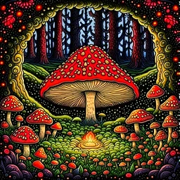 A gnome sleeping next to a campfire under a large mushroom. in the middle of a magical mushroom forest. art nouveau. hundreds of mushrooms everywhere. detailed symmetrical art deco border. fireflies everywhere with a cosmic background