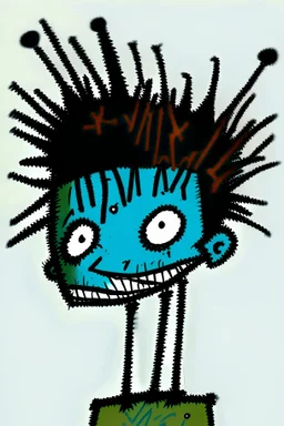 2d drawing of a stickman, cool with punk hair, x eyes like in hangman, head slightly bended, looking close into camera, smiling,close-up ,3d realistic in colour