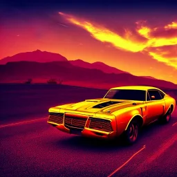 art deco, cyberpunk, neon muscle car, desert road, sunset, full colour, hd,