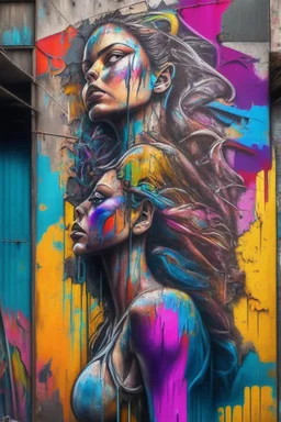 graffiti art on the back side of an abandoned building portraying a female super model posing confidently, 8k, highly detailed, centered, epic composition, graffiti art, splash art, street art, spray paint, oil gouache melting, acrylic, high contrast, colorful polychromatic, ultra detailed, ultra quality, CGSociety