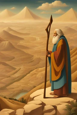 Moses stands on a mountain and holds a crooked wooden staff, at his feet are stone tablets on which the ten commandments of God are written, and below is a valley with the cities of Palestine of sands, tents and mountains. There is a silhouette of God in the sky. Everything is painted in oil painting with high-quality drawing of details