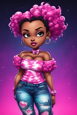 vibrant psychedelic comic book image, airbrush, 48k, cartoon art of a chibi curvy black female wearing torn jeans pants and a pink tie dye off the shoulder blouse. Prominent make up with lush lashes. Highly detailed sleek wavy ponytail