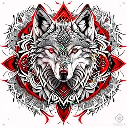 Wolf symmetrical design ink art silver colors red white and black hyper-detailed realistic 8k