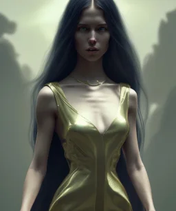 Holy Virgin, beautiful, long fabric dress, beautiful long black hair to the waist, snake around body, head and shoulders portrait, 8k resolution concept art portrait by Greg Rutkowski, Unreal Engine 5 volumetric lighting