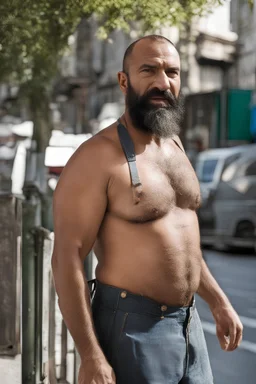 close up photography of an ugly 44 year old beefy robust burly turkish homeless, wearing his work unbuttoned bulging overalls, bulge, shirtless, leaning with his back on the wall, hands on the fap, ajar mouth, hairy chest, , very virile, short black beard, shaved hair, sweat, , in a sunny street, photorealistic , frontal view from the ground