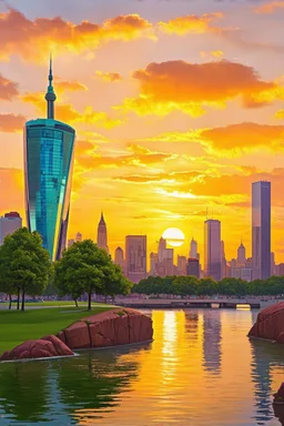 Amazing colorful sunset, buildings, lake, rock, city, park, cyberpunk, sci-fi, photography