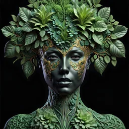 3D rendering of Expressively detailed and intricate of a hyperrealistic “ human head detailed with organic form”: front view, symetric, green glossy plant vines, anatomy, symmetric, scientific, baroque ornament, single object, vivid colour, black background, cosmic fractals, octane render, 8k post-production, dendritic, artstation: award-winning: professional portrait: atmospheric: commanding: fantastical: clarity: 16k: ultra quality: striking: brilliance: stunning colors: amazing depth