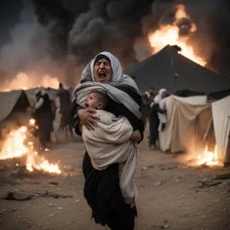 A Palestinian woman wearing the Palestinian dress carries her dead son as she screams and cries at night, with explosions in refugee tents behind her.