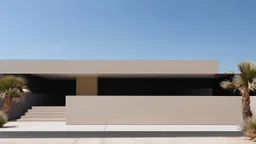 The architecture of modern and minimalist design, with straight lines and a neutral color palette that highlight the purity of its form, geometric elements, rectangular and square volumes, are harmoniously combined, creating a visual play of light and shadow, in an environment of desert and palm trees from a pedestrian point of view.