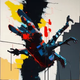 Minimal abstract oil painting of a falling person limbs sinew twisted .triadic colour. Amongst concrete fragments brutalist architecture and hanging wires illuminated at night. In the style of Justin Mortimer and Phil Hale and Ashley Wood