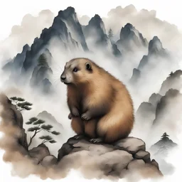 Marmot in super fluffy ness, in chinese painting art style, background mountain