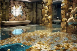 pool mosaic, 3D mirror pieces, beautiful composition, holographic marble pieces, brunette female, dessert shop, flowers, ethereal in sunshine, shading pastel and charcoal golden and ochre, golden glitter, , golden patina, corrosion