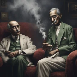 Hyper Realistic Quaid E Azam Smoking Cigar & Mahatma Gandhi Sitting on a Velvet Sofa in a foggy Dark Room