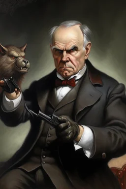 President William McKinley painted as werewolf with gun to head