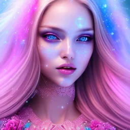 beautiful, soft, smiling face, whole head, long straight blonde hair blues eyes, crown on the head, clothing in transparent bluish and pink veil, background brillante bluish and pink, hight definition, 8K