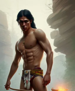 native american warrior, long black hair, standing on shattered glass, big muscles, loincloth, shirtless, 8k resolution concept art portrait by Greg Rutkowski